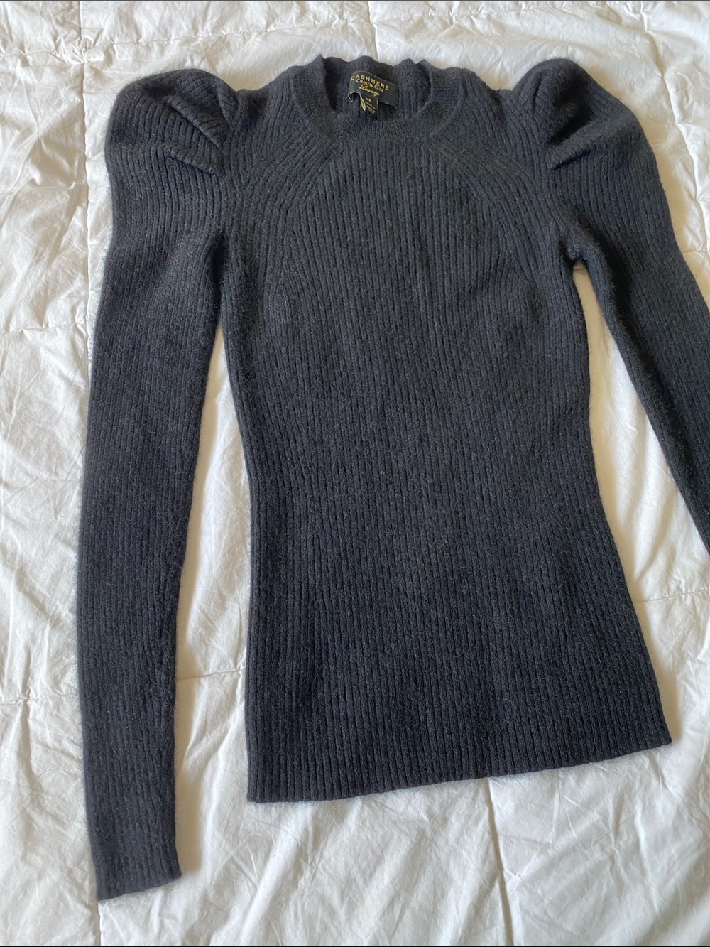 🖤 Black Puff-Sleeve Ribbed Women's Cashmere Sweater by Cashmere Club Luxury XS